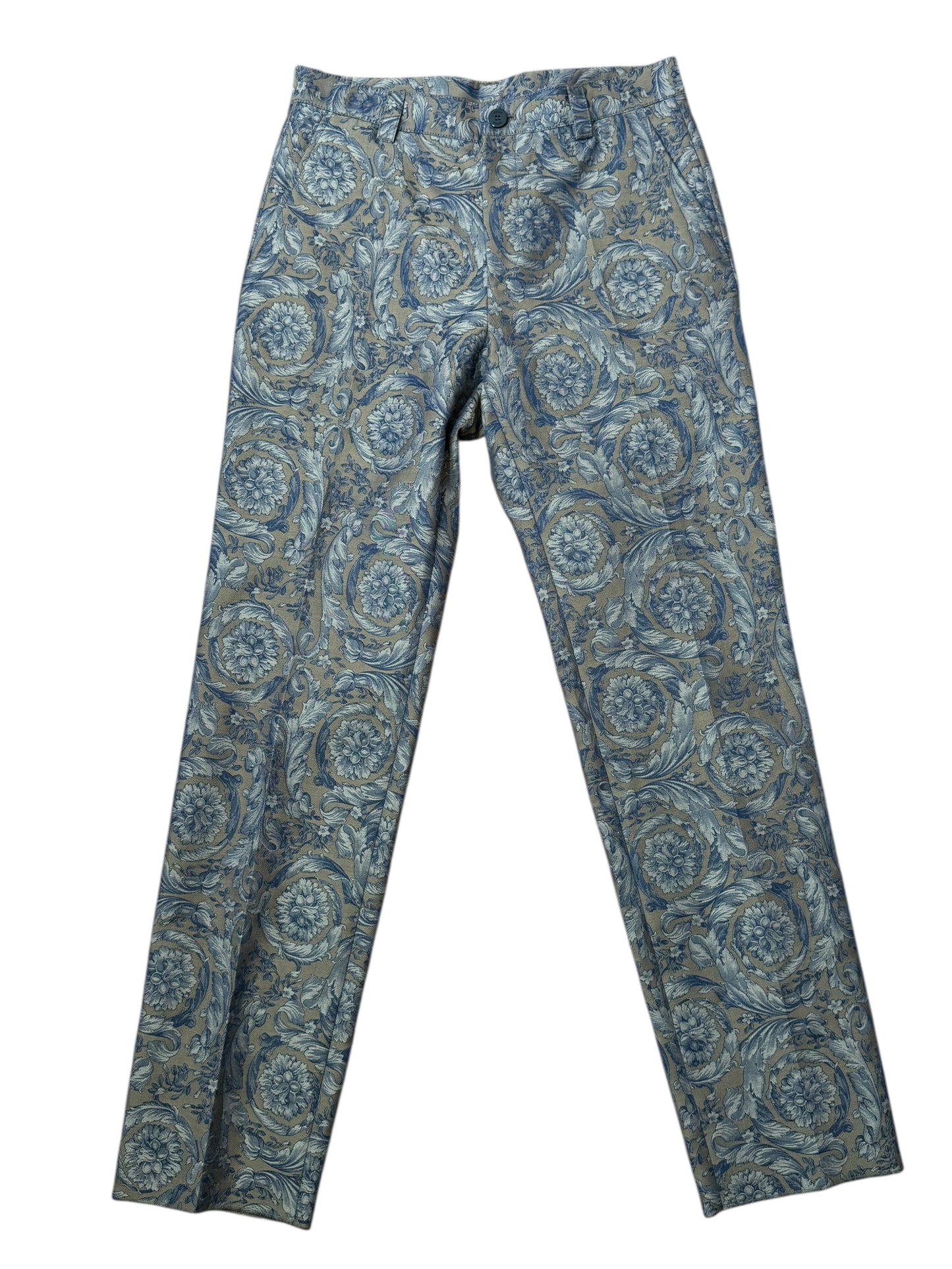 Versace Pantaloni Uomo Baroque Jacquard Floreale Blu Beige Taglia 48.