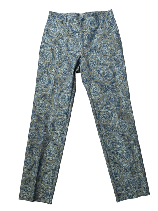 Versace Pantaloni Uomo Baroque Jacquard Floreale Blu Beige Taglia 48.
