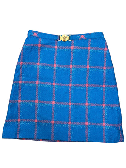 Versace Gonna in Lana Vergine Check Blu con fibbia Medusa Oro