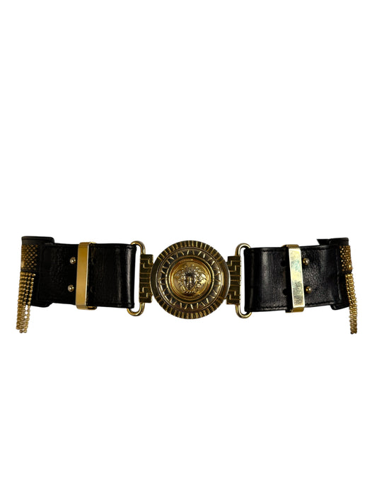 Gianni Versace Cintura Vintage Anni ‘90 in Pelle con Medusa e Frange Dorate