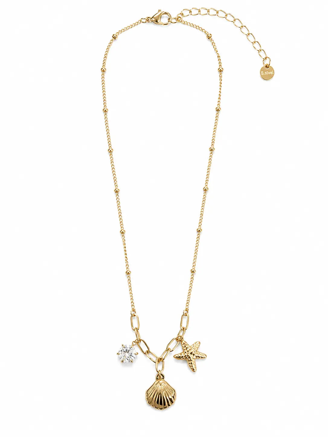 Collana dorata con conchiglia, stella marina e punto luce