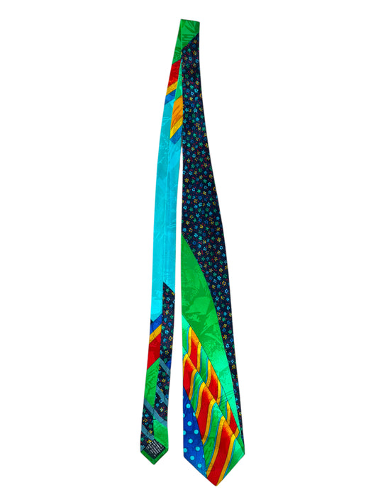 Cravatta vintage Gianni Versace 100% seta – patchwork floreale multicolor su sfondo nero e verde