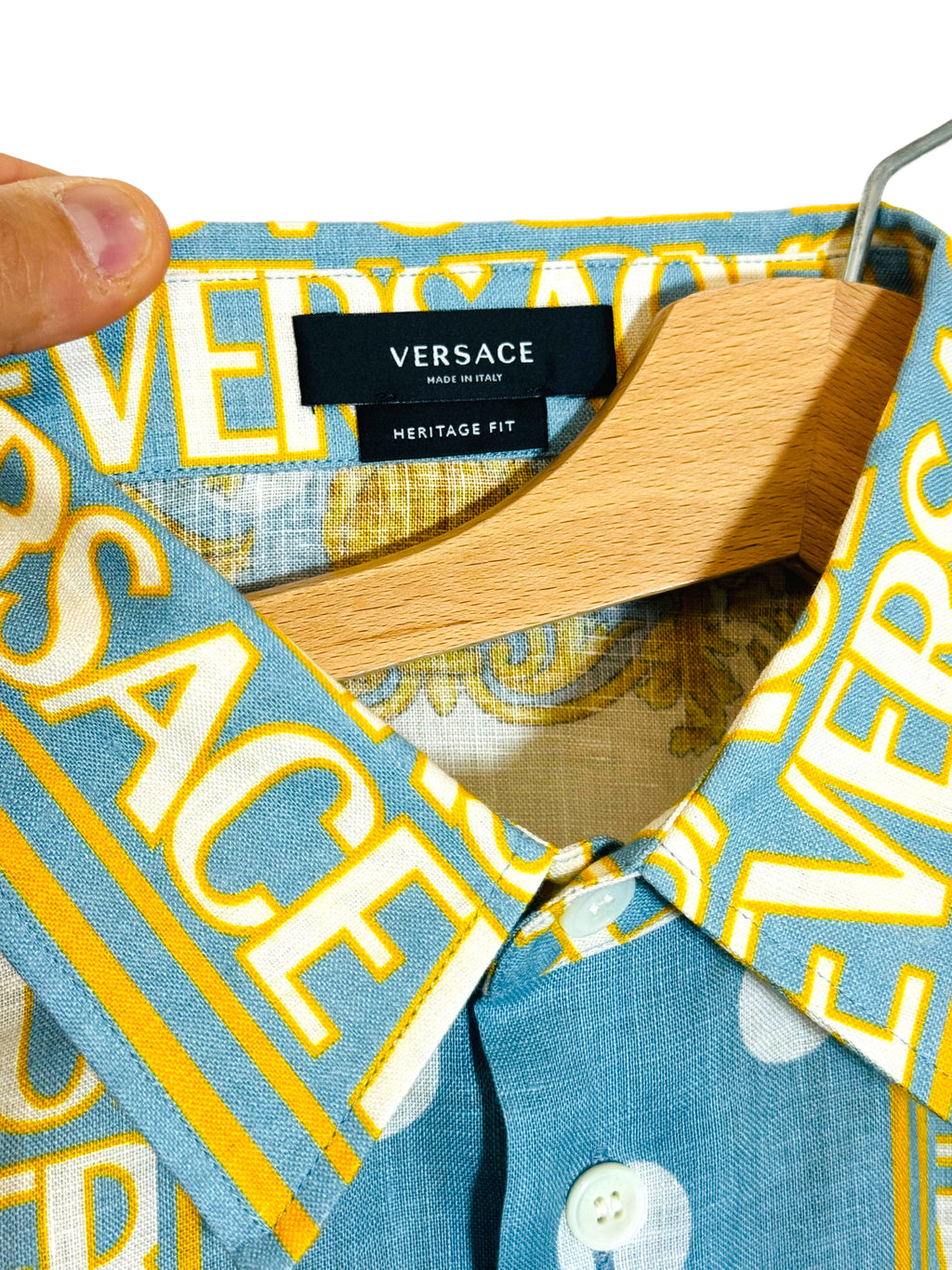 Camicia Versace heritage fit in lino stampa barocco e logo all over azzurro taglia L — foto 5