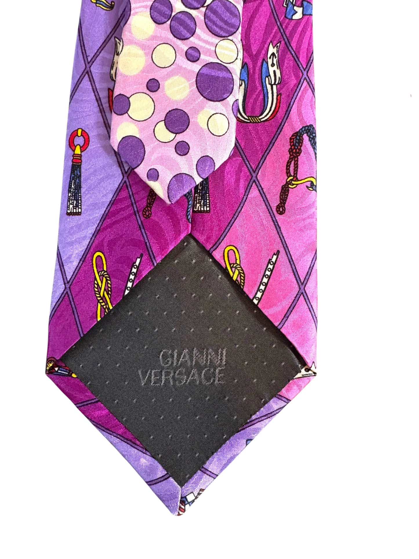 Gianni Versace cravatta vintage seta fantasia geometrica rosa viola Made in Italy