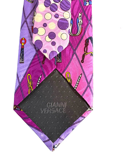 Gianni Versace cravatta vintage seta fantasia geometrica rosa viola Made in Italy
