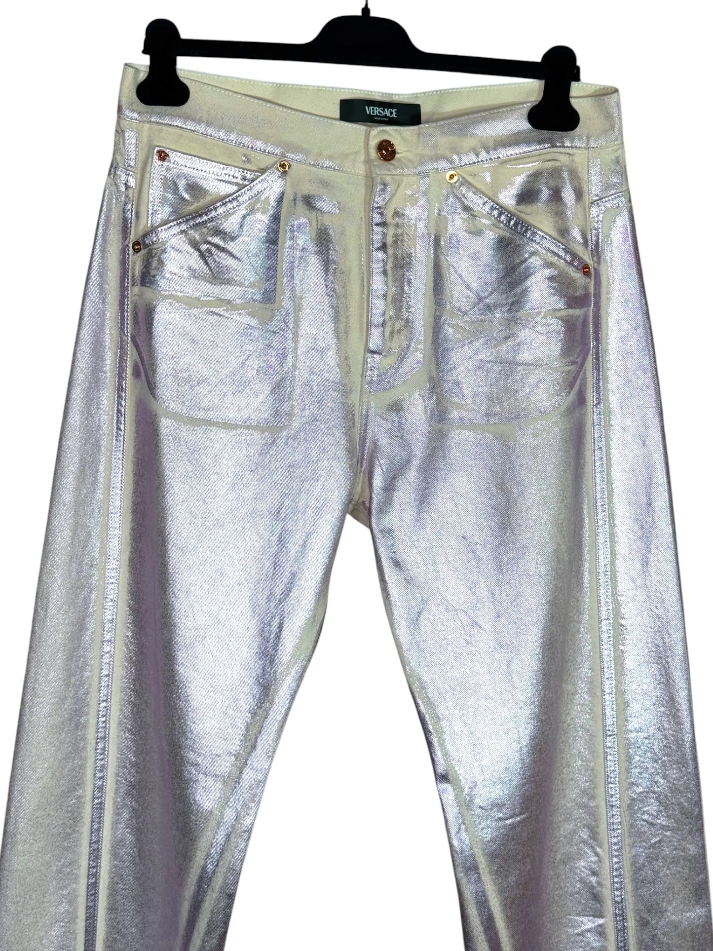 Versace jeans iridescenti Medusa denim metallizzato Made in Italy taglia 32