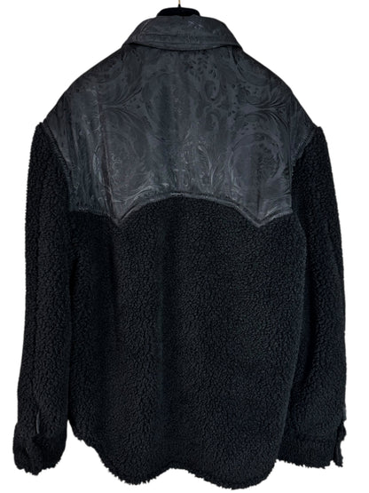 Giacca Versace nera in eco shearling con inserti jacquard
