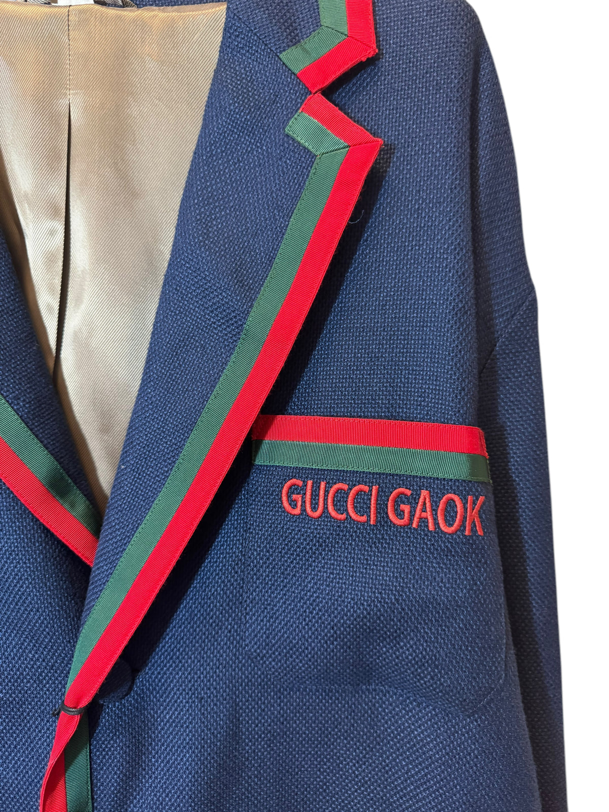Giacca Blazer Gucci in lino blu con Web stripe e ricamo — foto 5