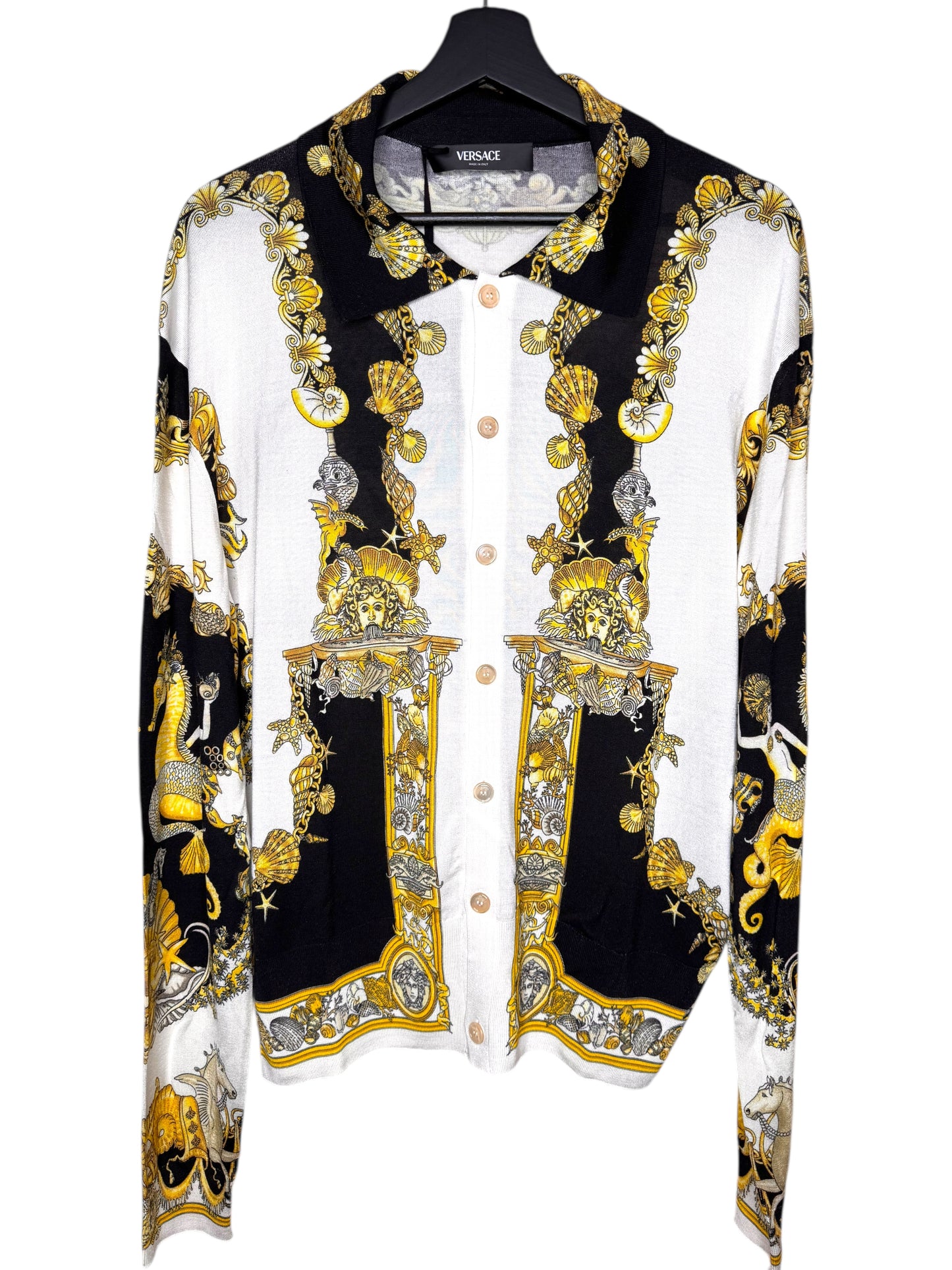 Camicia Versace in seta a maglia stampa barocca marina Made in Italy