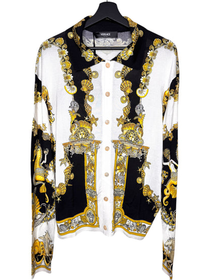 Camicia Versace in seta a maglia stampa barocca marina Made in Italy