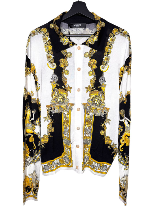Camicia Versace in seta a maglia stampa barocca marina Made in Italy