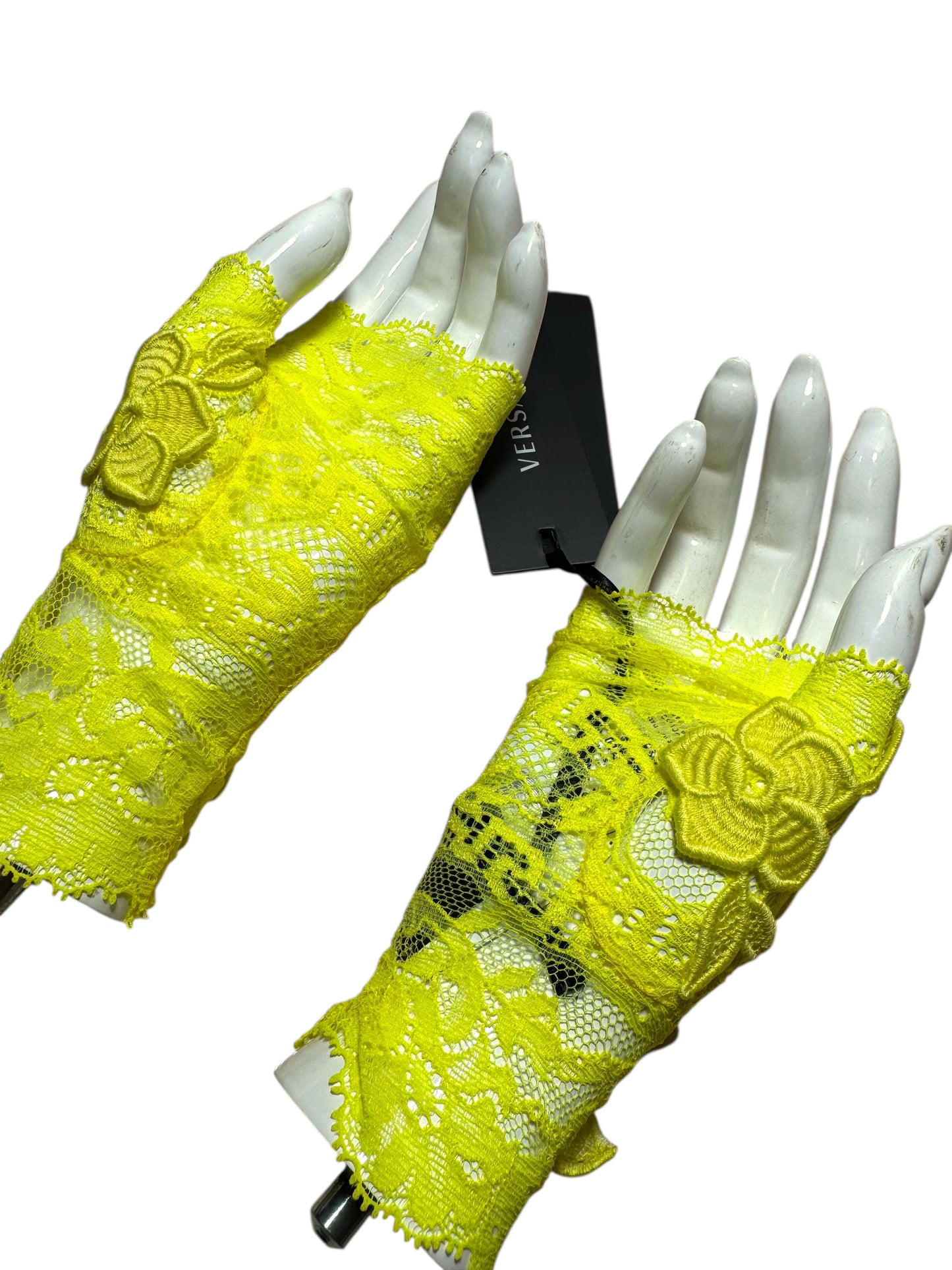 Guanti pizzo giallo Versace – Ricamo floreale – Taglia 7 (S/M)