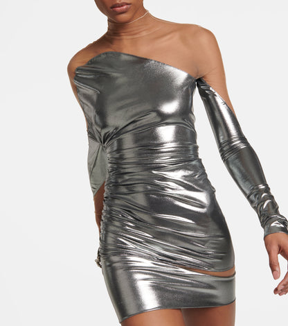 Mugler abito mini asimmetrico chrome silver, taglia 32 FR (36 IT – XXS)
