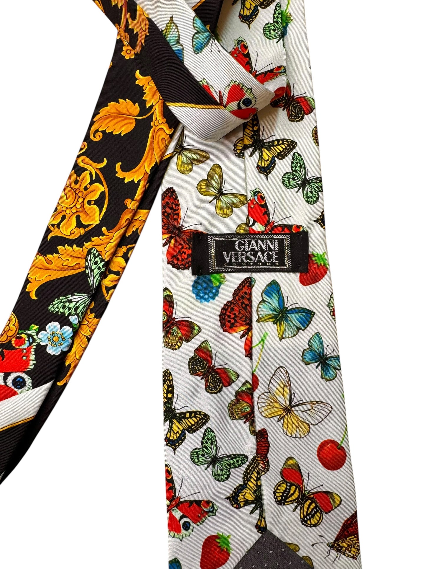 Cravatta Gianni Versace Vintage Seta Farfalle e Frutta Stampa Iconica — foto 4