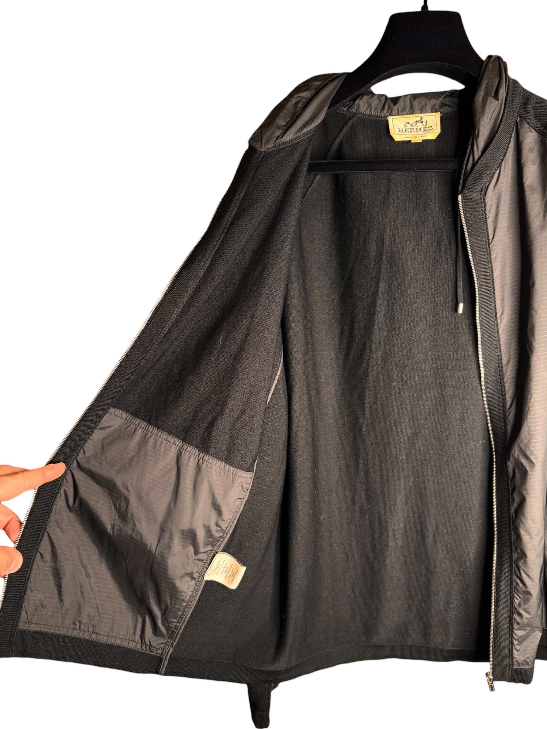 Hermès giacca con cappuccio lana e inserti tessuto tecnico nera zip frontale S — foto 14