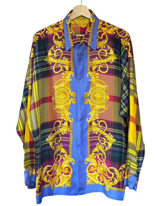 Camicia Gianni Versace Vintage in Seta – Barocco e Check Multicolor – Taglia 48