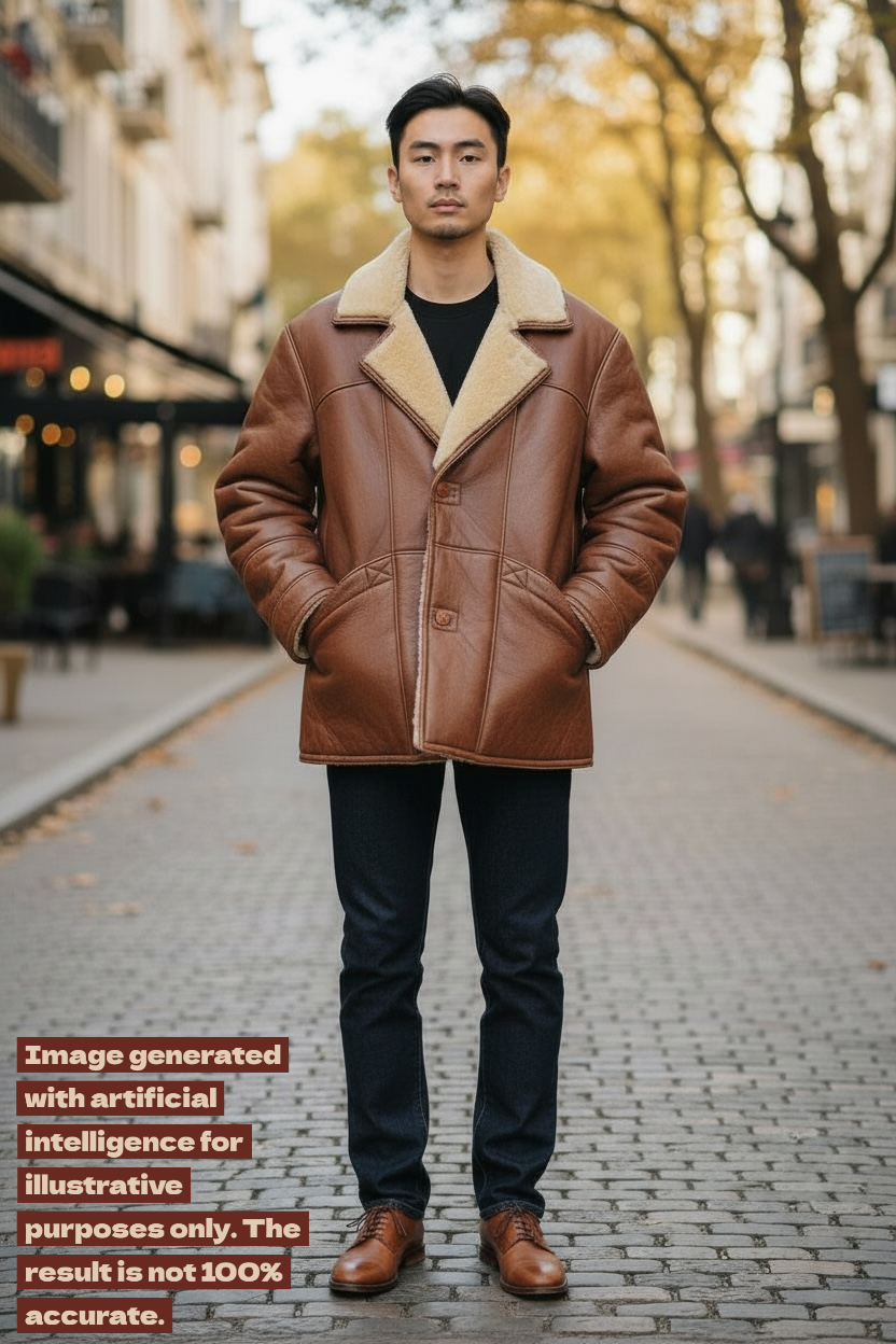 Giacca shearling uomo marrone montone naturale vintage taglia 52