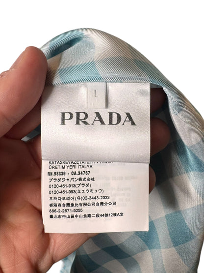 Prada camicia seta fantasia check azzurro bianco logo ricamato L — foto 7