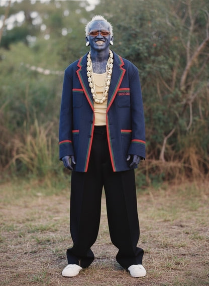 Giacca Blazer Gucci in lino blu con Web stripe e ricamo — foto 2