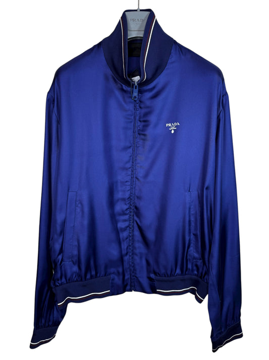 Prada giacca in seta blu con profili tricolore – Taglia L