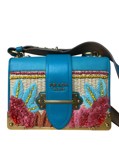 Prada borsa Cahier in pelle e raffia