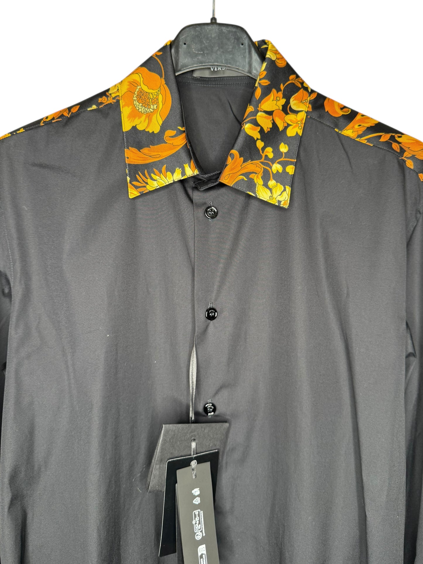 Versace Camicia Popeline Nera con Colletto e Spalle Stampa Barocco