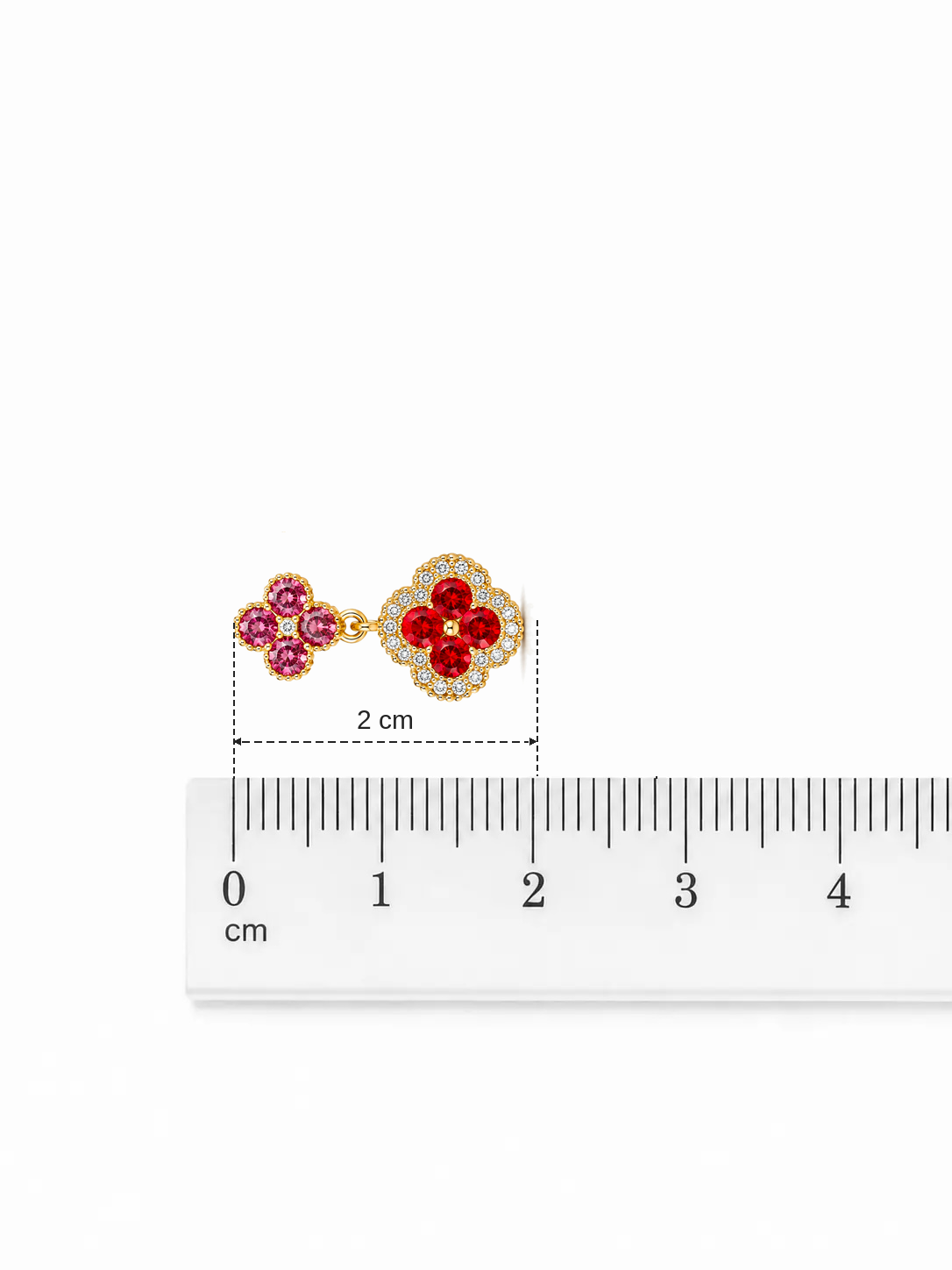 Orecchini pendenti dorati con fiori rosa e rossi 2 cm