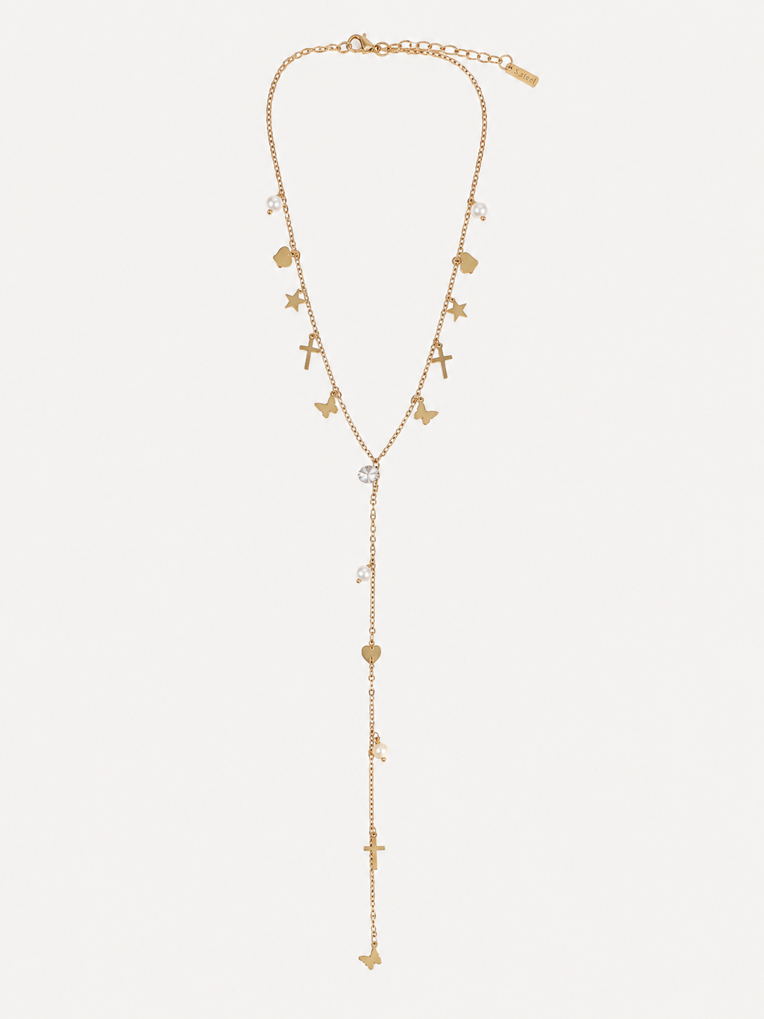 Collana a Y dorata con charms cuore, stelle e farfalle