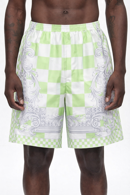 Shorts Versace in seta stampata verde, nuovi con cartellino, Made in Italy