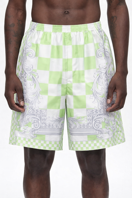 Shorts Versace in seta stampata verde, nuovi con cartellino, Made in Italy