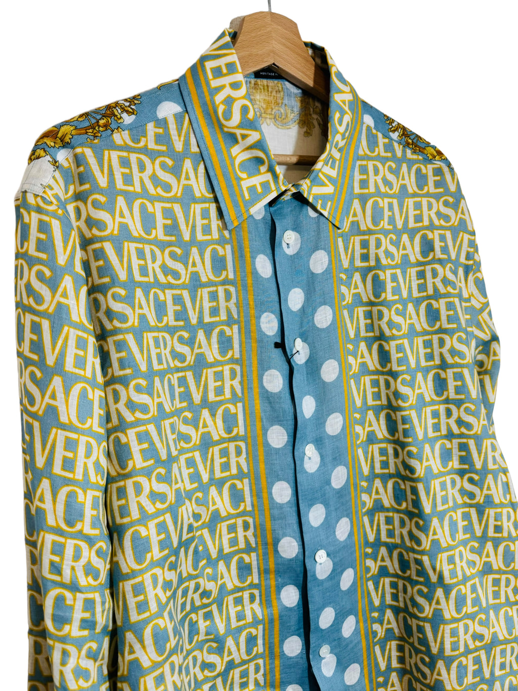 Camicia Versace heritage fit in lino stampa barocco e logo all over azzurro taglia L — foto 3