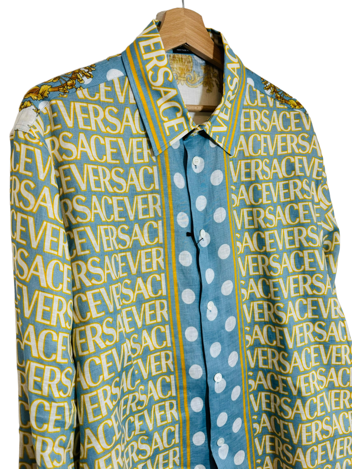 Camicia Versace heritage fit in lino stampa barocco e logo all over azzurro taglia L — foto 3