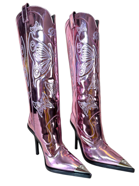 Versace x Dua Lipa Stivali Texani Pink Laminati – Taglia 40