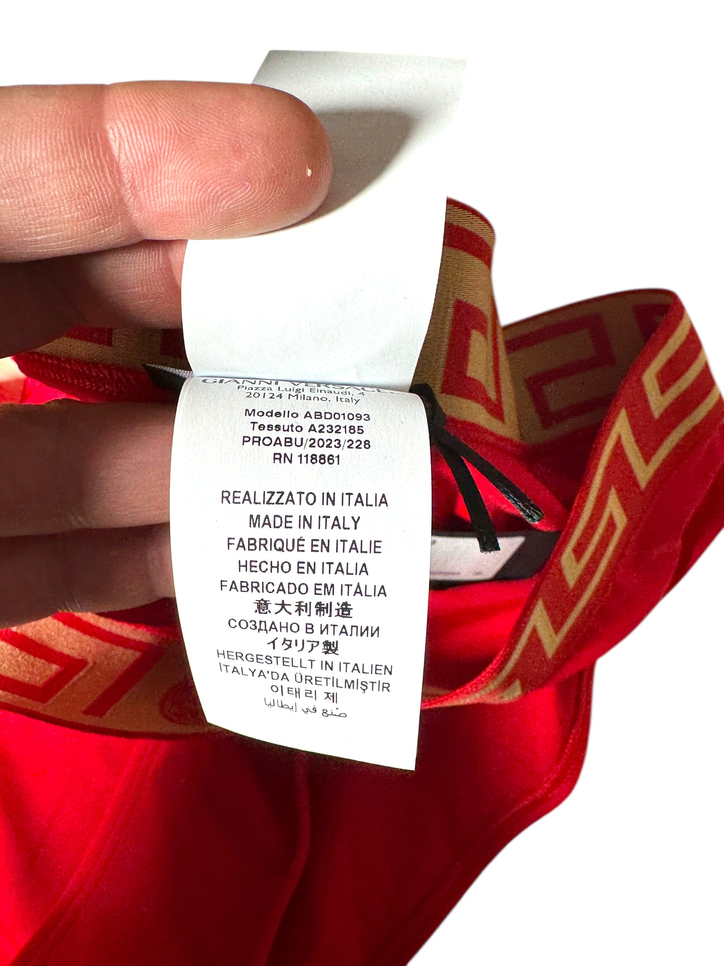 Costume da bagno donna VERSACE rosso – Slip con fascia Greca dorata – Taglia 4