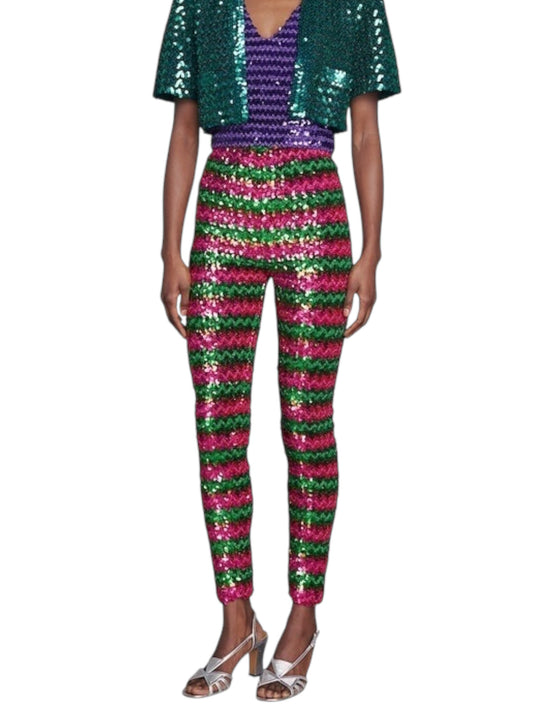 Gucci pantaloni donna S a righe paillettes rosa/verde - Made in Italy