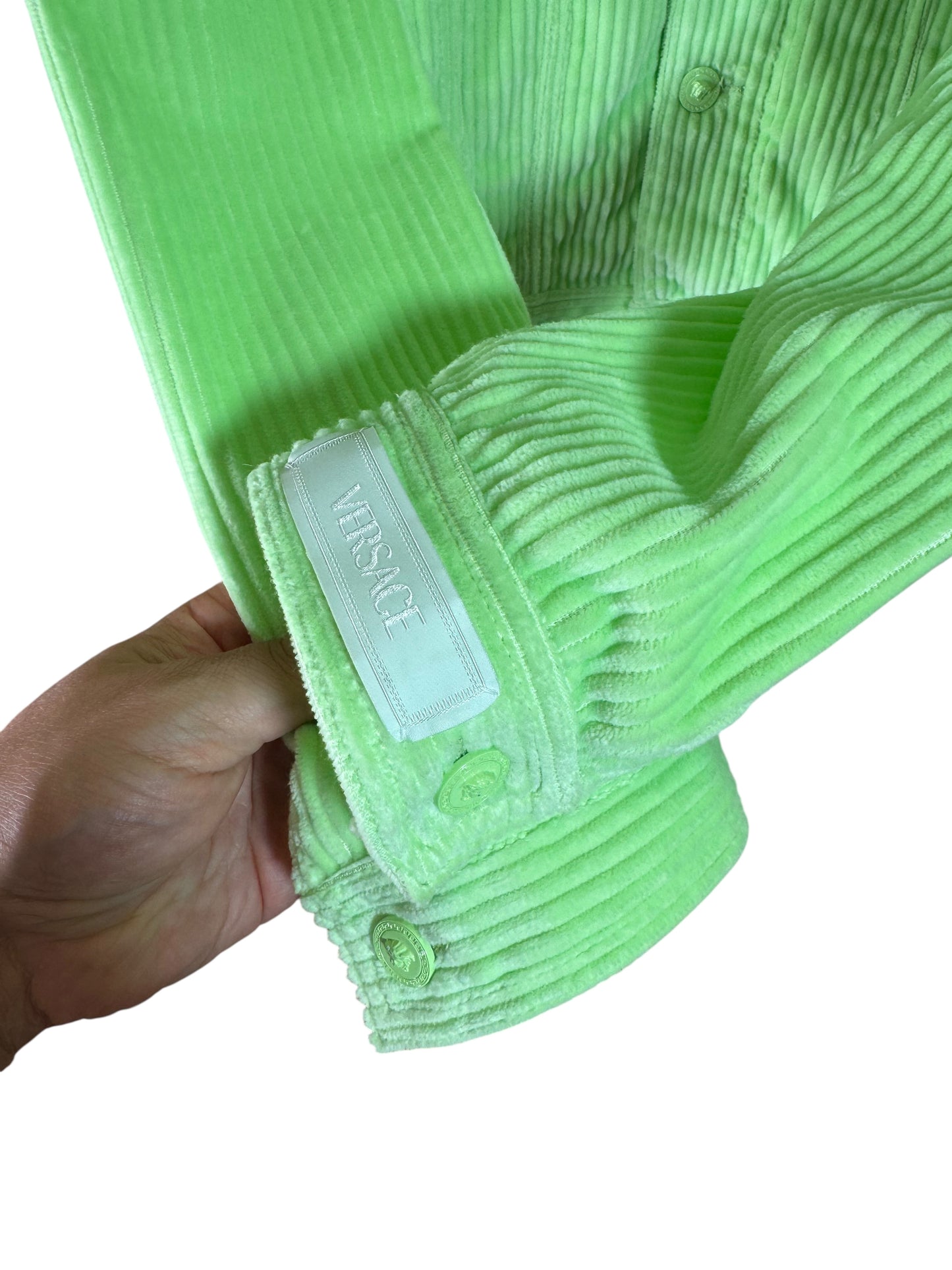 Versace completo giacca e pantaloni in velluto a coste verde lime Made In Italy.