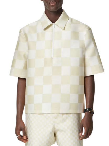 Polo Versace a scacchi misto seta duchesse, Made in Italy, nuova