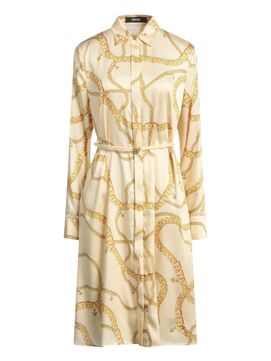 Abito chemisier midi Versace stampa catena oro con cintura Medusa, Made in Italy