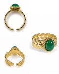 Anello regolabile dorato con foglie e cabochon verde