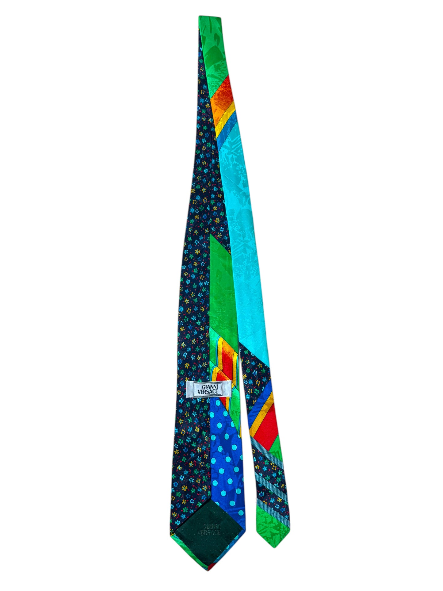 Cravatta vintage Gianni Versace 100% seta – patchwork floreale multicolor su sfondo nero e verde