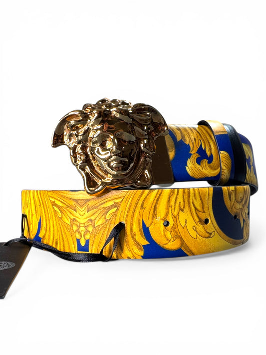 Versace cintura reversibile Medusa baroque blu oro pelle taglia 70