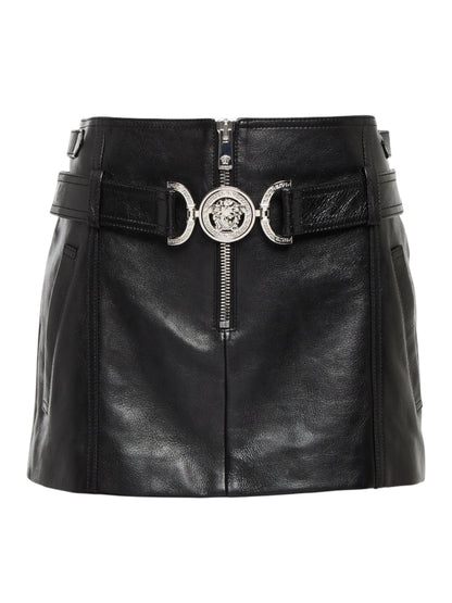 Minigonna Versace in pelle nera con cintura Medusa, Made in Italy