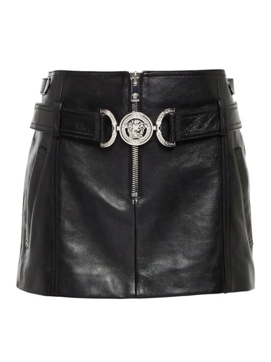Minigonna Versace in pelle nera con cintura Medusa, Made in Italy