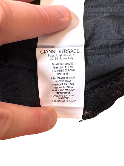 Versace Bra Top in Seta Twill Holiday Print con Pizzo Nero Made in Italy