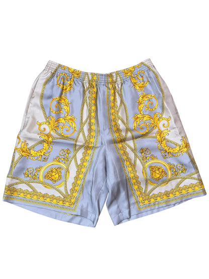 Shorts Versace in seta stampa barocca grigio e oro, nuovi con cartellino