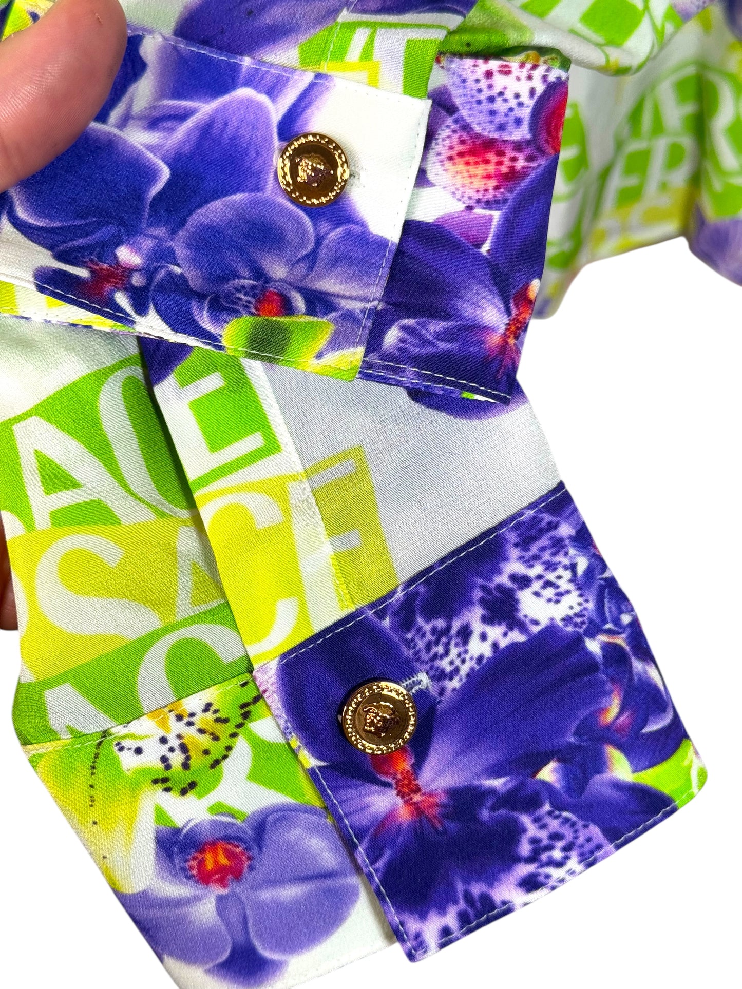 Camicia donna Versace 100% seta stampa orchidee logo – Tg. 46