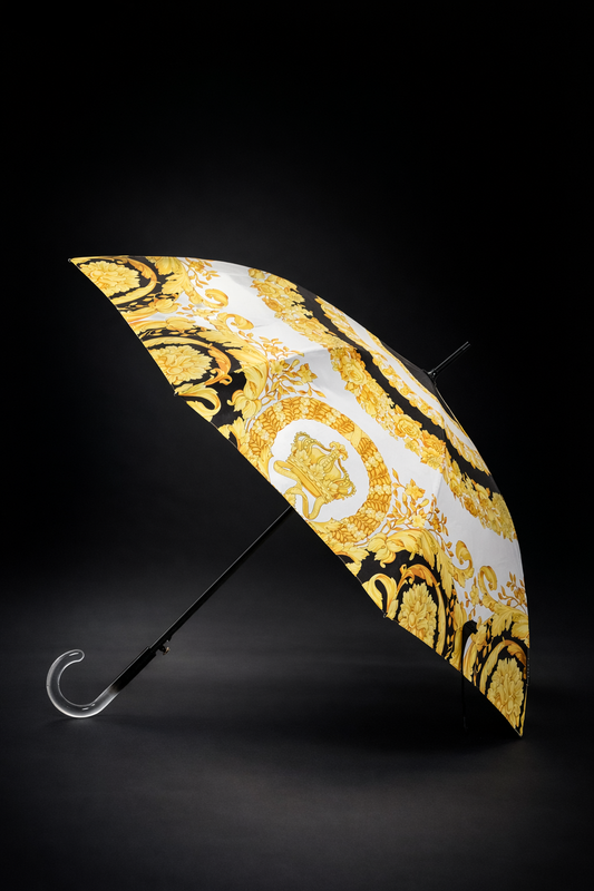 Ombrello Versace barocco Medusa oro nero manico trasparente