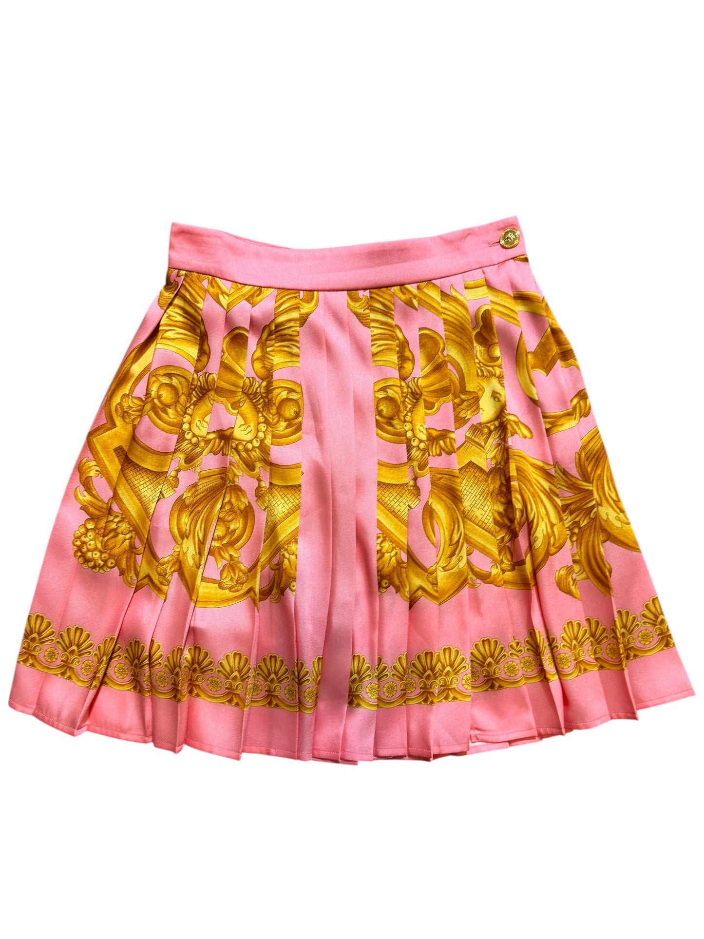 Gonna Versace rosa stampa barocca oro plissé tg 38