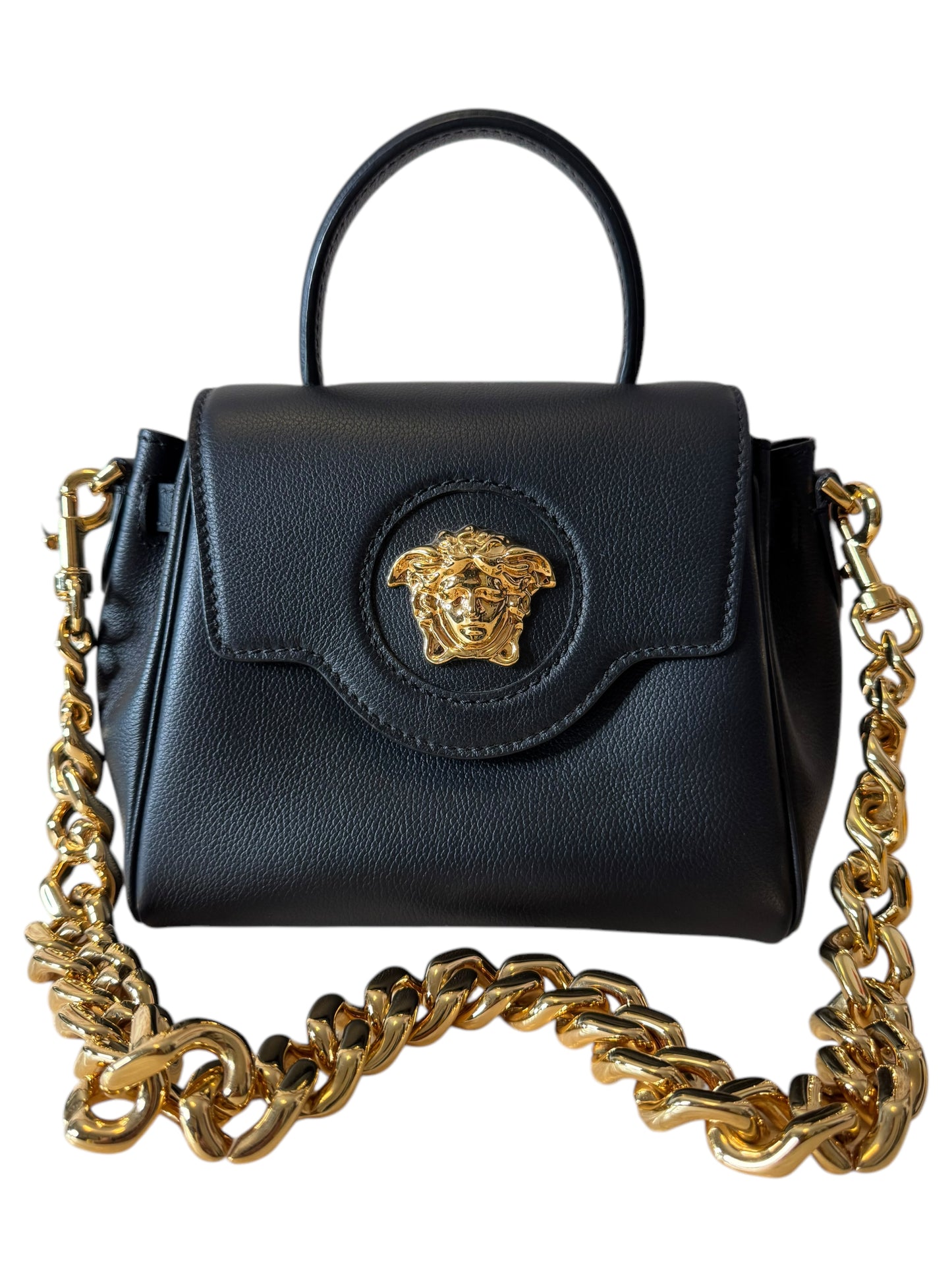 Versace Mini Borsa Medusa in Pelle Nera con Tracolla a Catena Oro - Made in Italy
