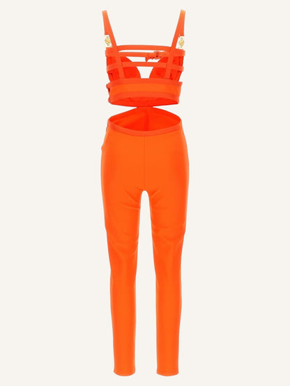 Jumpsuit Versace Cut-Out Arancione Fluo, Dettagli Medusa, Taglia 42